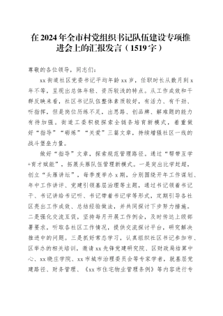 在2024年全市村党组织书记队伍建设专项推进会上的汇报发言（1519字）