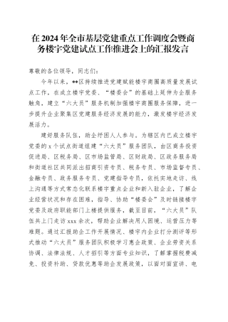 在2024年全市基层党建重点工作调度会暨商务楼宇党建试点工作推进会上的汇报发言
