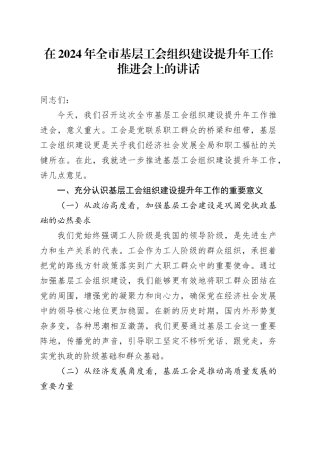 在2024年全市基层工会组织建设提升年工作推进会上的讲话
