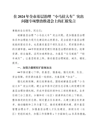 在2024年全市基层治理“小马拉大车”突出问题专项整治推进会上的汇报发言