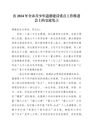 在2024年全市青少年道德建设重点工作推进会上的交流发言