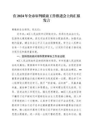 在2024年全市审判质效工作推进会上的汇报发言
