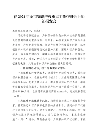 在2024年全市知识产权重点工作推进会上的汇报发言