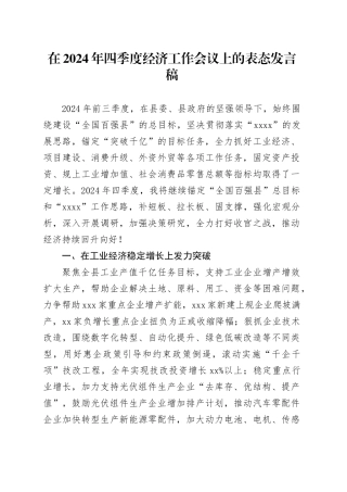 在2024年四季度经济工作会议上的表态发言稿