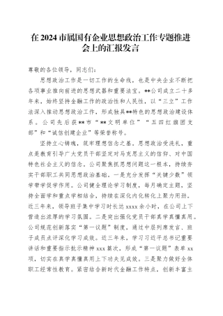 在2024市属国有企业思想政治工作专题推进会上的汇报发言