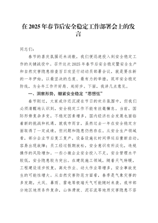在2025年春节后安全稳定工作部署会上的发言