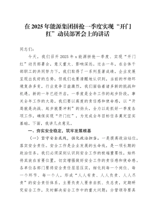 在2025年能源集团拼抢一季度实现“开门红”动员部署会上的讲话