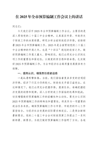 在2025年全市预算编制工作会议上的讲话