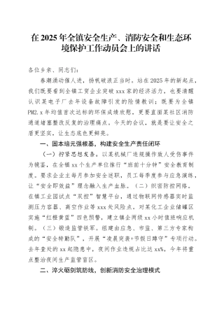 在2025年全镇安全生产、消防安全和生态环境保护工作动员会上的讲话