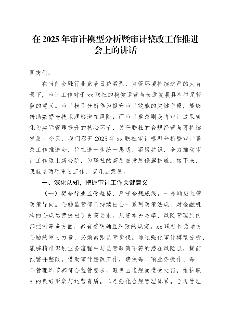 在2025年审计模型分析暨审计整改工作推进会上的讲话_第1页