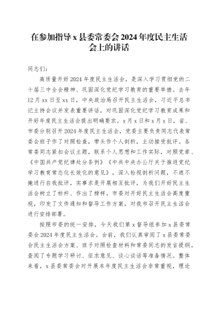 在参加指导X县委常委会2024年度民主生活会上的讲话