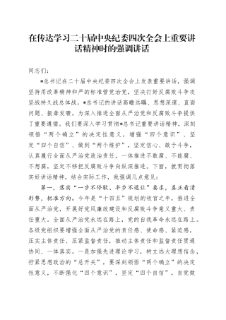 在传达学习二十届中央纪委四次全会上重要讲话精神时的强调讲话