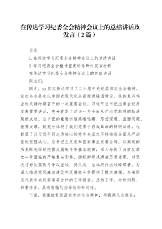 在传达学习纪委全会精神会议上的总结讲话及发言（2篇）