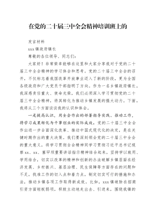 在党的二十届三中全会精神培训班上的发言材料
