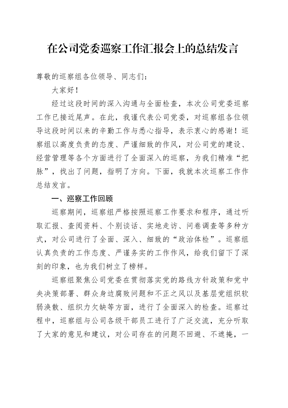 在公司党委巡察工作汇报会上的总结发言_第1页