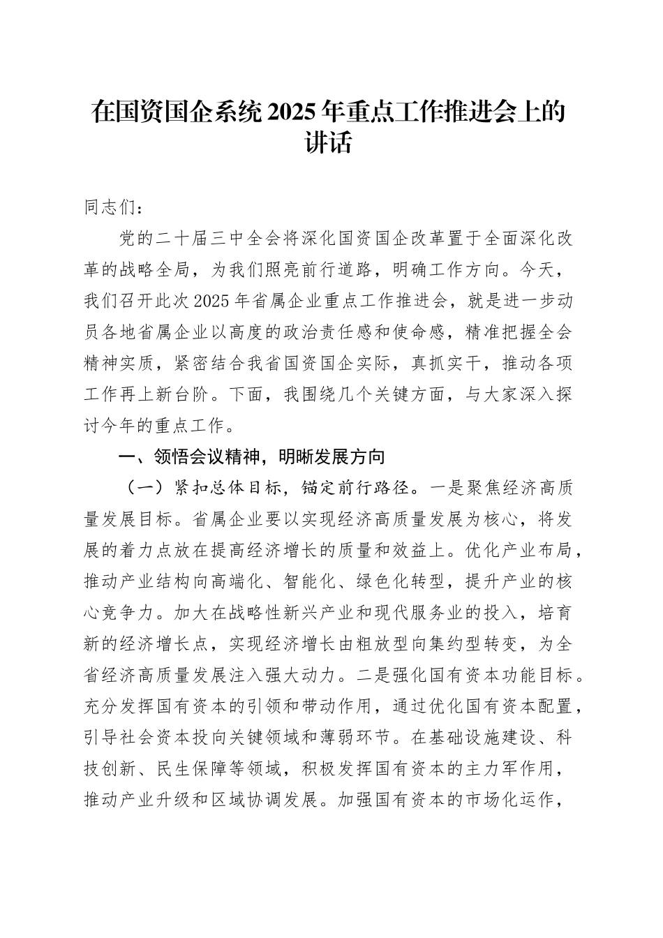 在国资国企系统2025年重点工作推进会上的讲话_第1页
