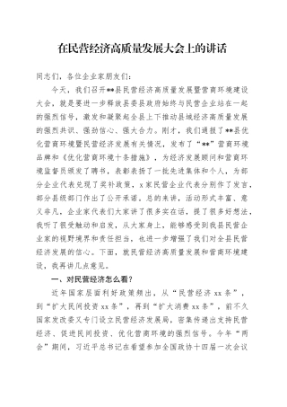 在民营经济高质量发展大会上的讲话