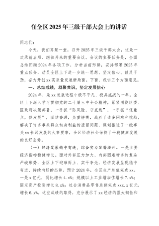 在全区2025年三级干部大会上的讲话