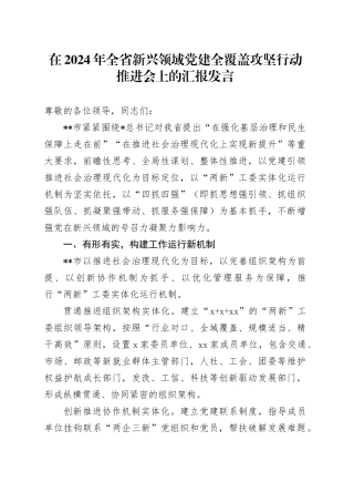 在全省新兴领域党建全覆盖攻坚行动推进会上的汇报发言