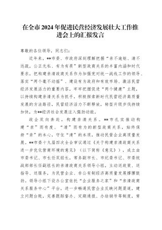 在全市2024年促进民营经济发展壮大工作推进会上的汇报发言