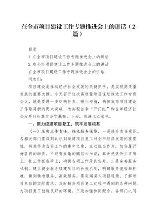 在全市项目建设工作专题推进会上的讲话（2篇）