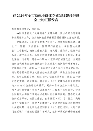 在全市新就业群体党建品牌建设推进会上的汇报发言