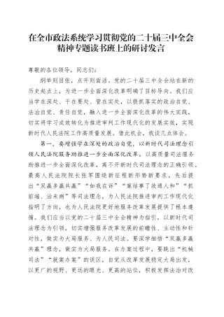 在全市政法系统学习贯彻党的二十届三中全会精神专题读书班上的研讨发言