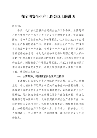 在全司安全生产工作会议上的讲话