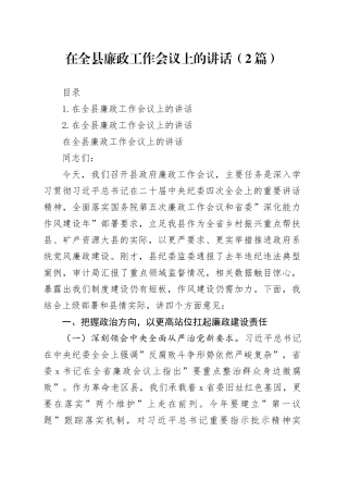 在全县廉政工作会议上的讲话（2篇）