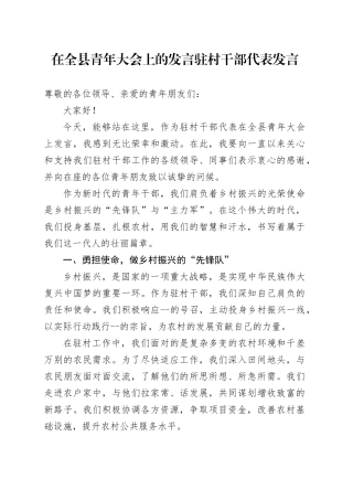 在全县青年大会上的发言驻村干部代表发言