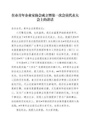 在市青年企业家协会成立暨第一次会员代表大会上的讲话