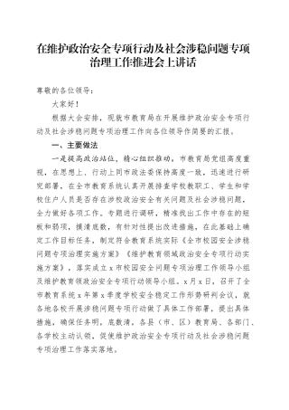 在维护政治安全专项行动及社会涉稳问题专项治理工作推进会上讲话