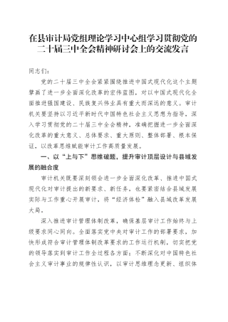 在县审计局党组理论学习中心组学习贯彻党的二十届三中全会精神研讨会上的交流发言
