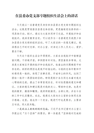 在县委办党支部专题组织生活会上的讲话