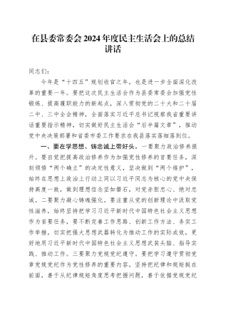 在县委常委会2024年度民主生活会上的总结讲话