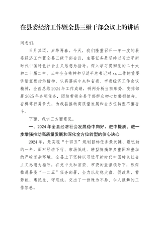 在县委经济工作暨全县三级干部会议上的讲话