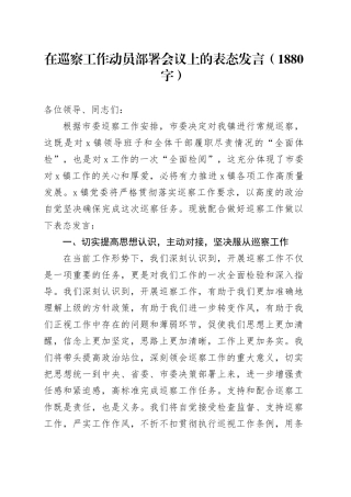 在巡察工作动员部署会议上的表态发言（1880字）