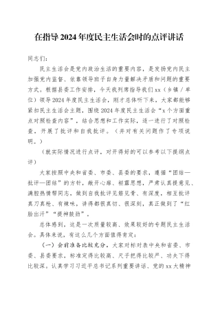 在指导2024年度民主生活会时的点评讲话