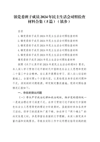 镇党委班子成员2024年民主生活会对照检查材料合集（5篇）（镇乡）