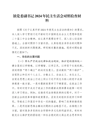 镇党委副书记2024年民主生活会对照检查材料