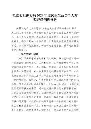 镇党委组织委员2024年度民主生活会个人对照查摆剖析材料（四个带头+违纪行为典型案例剖析）
