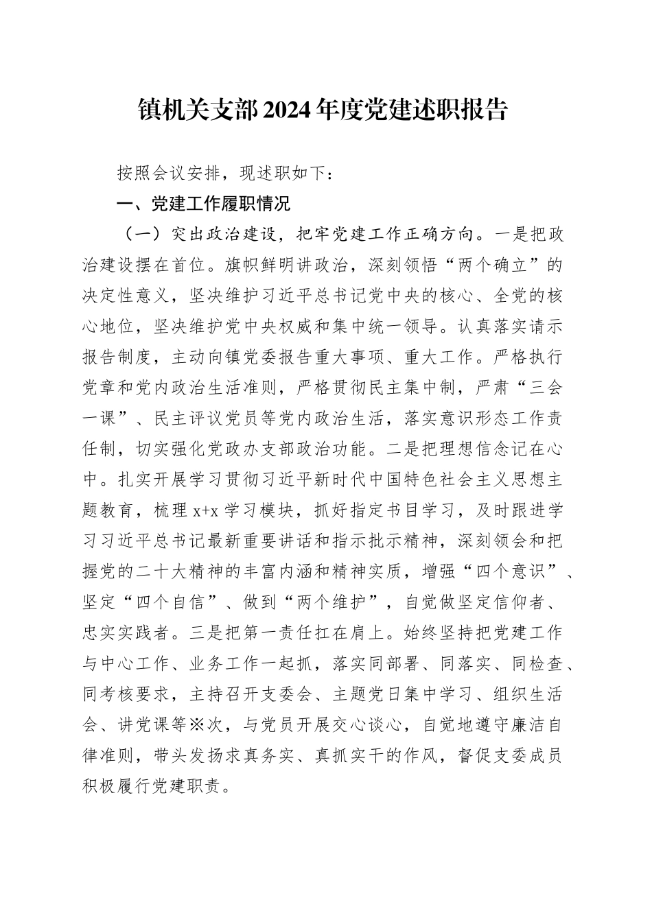 镇机关支部2024年度党建述职报告_第1页