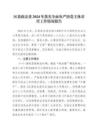 政法委2024年落实全面从严治党主体责任工作情况总结报告2100字