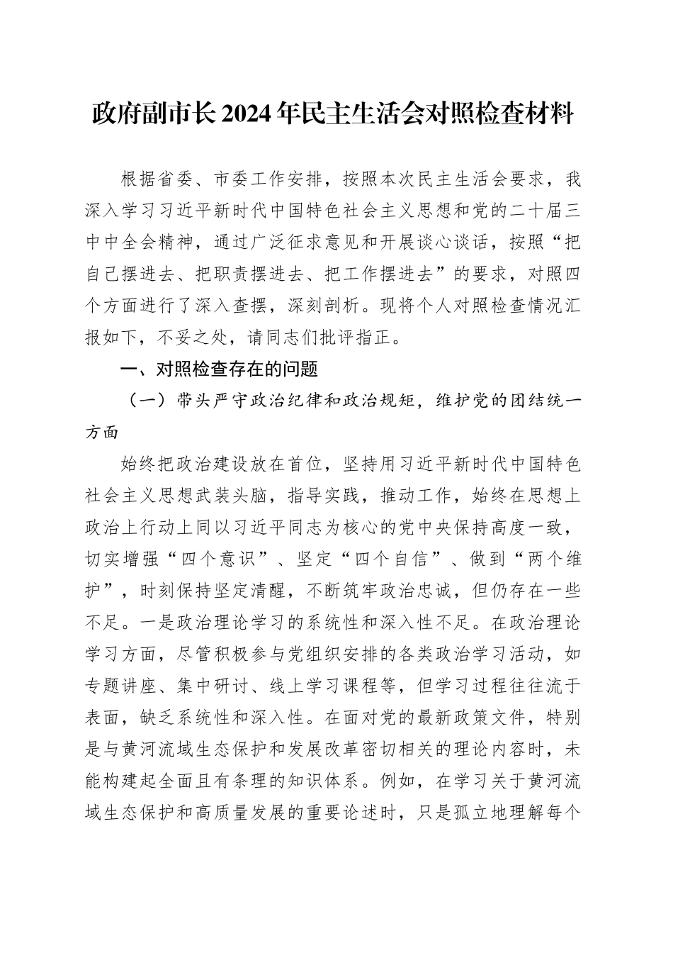 政府副市长2024年民主生活会对照检查材料_第1页
