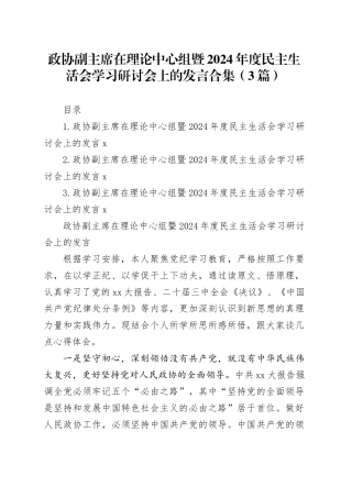 政协副主席在理论中心组暨2024年度民主生活会学习研讨会上的发言合集（3篇）