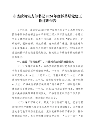 政研室支部书记2024年度抓党建工作述职报告3700字