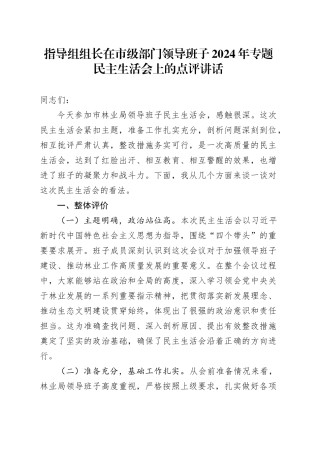 指导组组长在市级部门领导班子2024年专题民主生活会上的点评讲话
