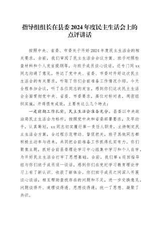指导组组长在县委2024年度民主生活会上的点评讲话