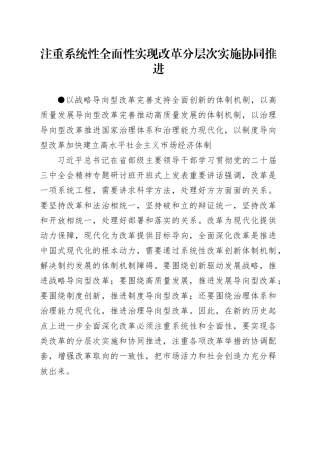 注重系统性全面性 实现改革分层次实施协同推进