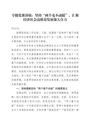 专题党课：坚持“两个毫不动摇”，汇聚经济社会高质量发展强大合力